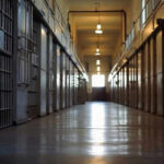 Empty prison corridor with metal cell doors visible