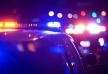 Police car lights flashing in the dark night