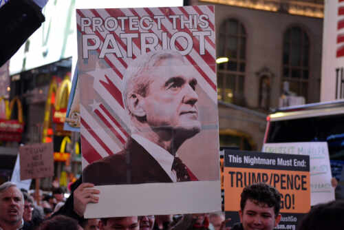 Crowd holding a sign that reads 'Protect This Patriot' with an image of a man
