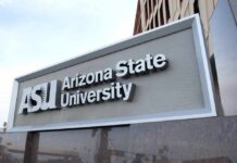 Sign for Arizona State University displaying the ASU logo