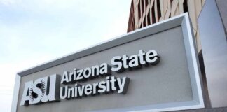 Sign for Arizona State University displaying the ASU logo