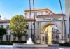 Entrance to Paramount Pictures with a fountain and palm trees
