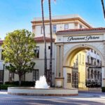 Entrance to Paramount Pictures with a fountain and palm trees