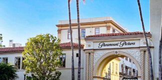Entrance to Paramount Pictures with a fountain and palm trees