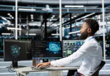 A man working at a computer workstation with multiple screens displaying data visualizations