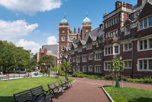 A university campus featuring historic buildings and green lawns