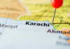 Close-up of a map showing Karachi with a red location pin