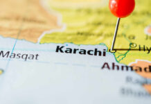 Armed Mob Rushes U.S. Consulate Close-up of a map showing Karachi with a red location pin