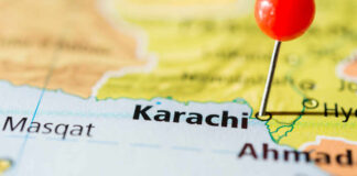 Close-up of a map showing Karachi with a red location pin