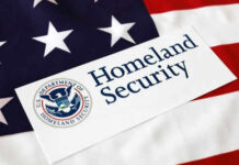 Homeland Security sign on American flag background
