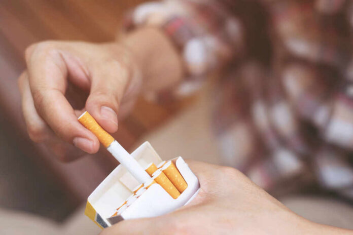 Hand holding cigarette and pack close up