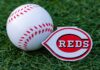 A baseball and a Cincinnati Reds logo on green grass