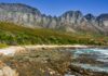 Scenic view of a rocky beach with mountains in the background