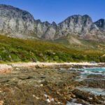 Scenic view of a rocky beach with mountains in the background
