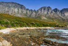 Scenic view of a rocky beach with mountains in the background