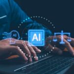 Shocking AI Drafts—Could They Skew Verdicts? Person typing on a laptop with AI and legal symbols displayed