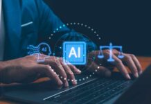 Person typing on a laptop with AI and legal symbols displayed