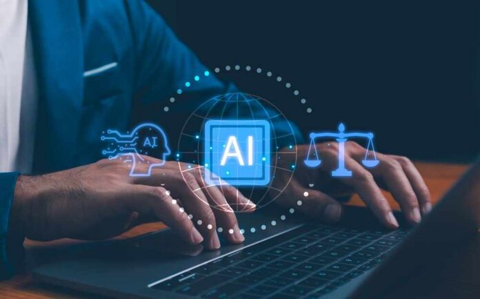 Person typing on a laptop with AI and legal symbols displayed