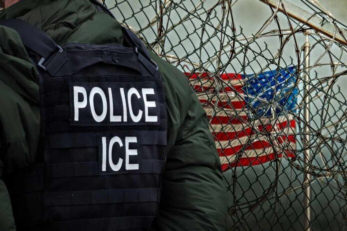 Police officer in tactical gear standing near a barbed wire fence with an American flag in the background