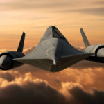 A stealth aircraft flying above clouds during sunset