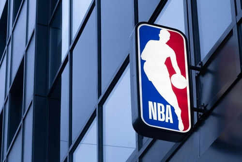 NBA logo on building exterior.