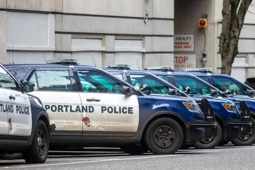 Row of Portland police cars parked on street.