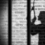 Shadow of a person behind bars on a brick wall