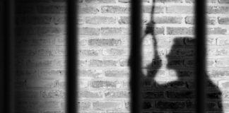 Shadow of a person behind bars on a brick wall