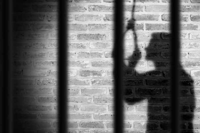 Shadow of a person behind bars on a brick wall
