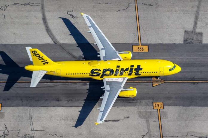 A yellow Spirit Airlines airplane on an airport runway