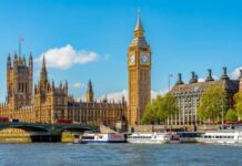 View of Big Ben and the Houses of Parliament along the River Thames in London