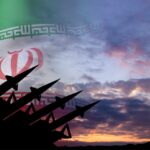 Trump’s “Project Freedom” Under Fire in Hormuz Silhouette of missiles in front of the Iranian flag during sunset