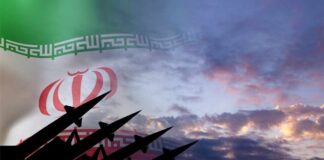 Silhouette of missiles in front of the Iranian flag during sunset