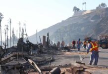 Workers cleaning up debris from a wildfire-affected area