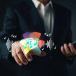 A business professional interacting with digital music icons and sound waves
