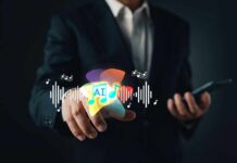 A business professional interacting with digital music icons and sound waves