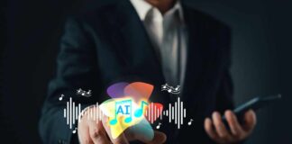 A business professional interacting with digital music icons and sound waves