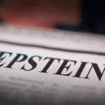 Close-up of a newspaper headline reading 'EPSTEIN'