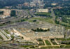 Aerial view of the Pentagon surrounded by roads and greenery