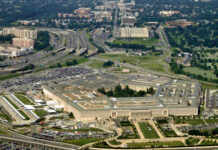 Aerial view of the Pentagon surrounded by roads and greenery