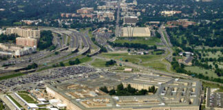 Aerial view of the Pentagon surrounded by roads and greenery