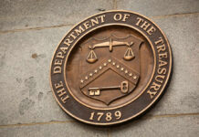 Facade of the Department of the Treasury with columns and engraved text