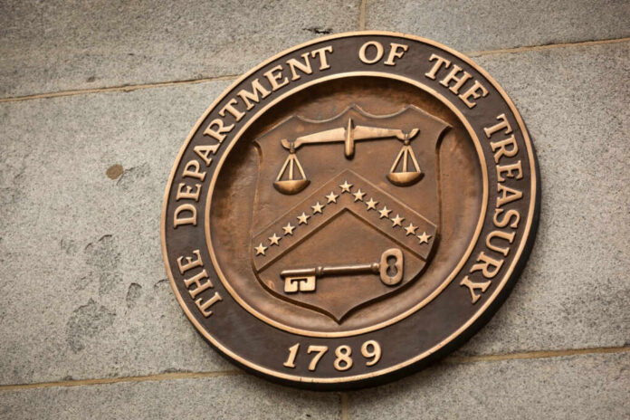 Facade of the Department of the Treasury with columns and engraved text