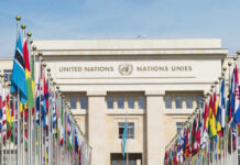 Hamas Infiltration Scandal Rocks UN Agency United Nations building with rows of world flags
