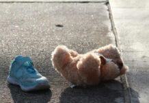 Teddy bear and blue child’s shoe on a sunlit sidewalk