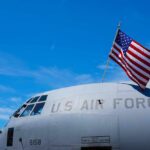 Close-up of a military aircraft with an American flag