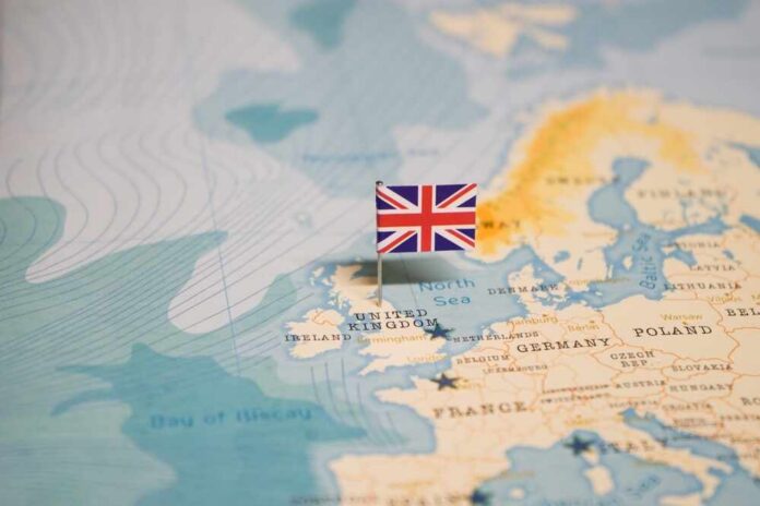 Map highlighting the United Kingdom with a flag