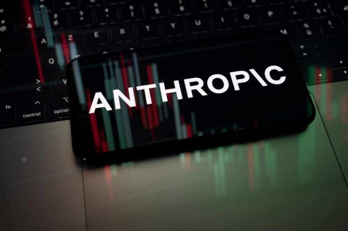 Smartphone displaying the word 'ANTHROPIC' over a background of financial graphs