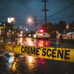 Police cars at a crime scene with caution tape in the foreground