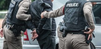 Police officers arresting a person beside a car